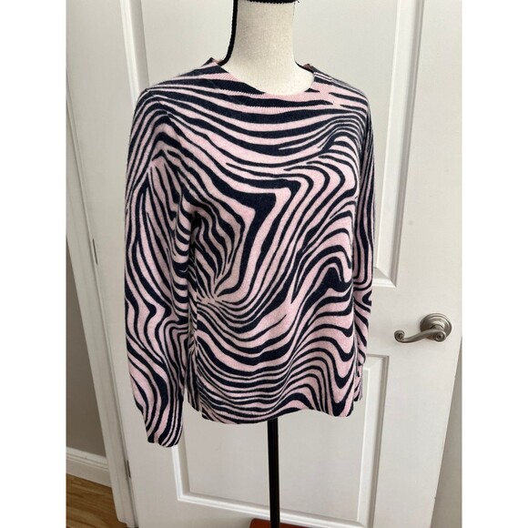 J Crew Sweater Womens Large pink/blue100% Cashmere Striped Animal Print - Picture 2 of 4